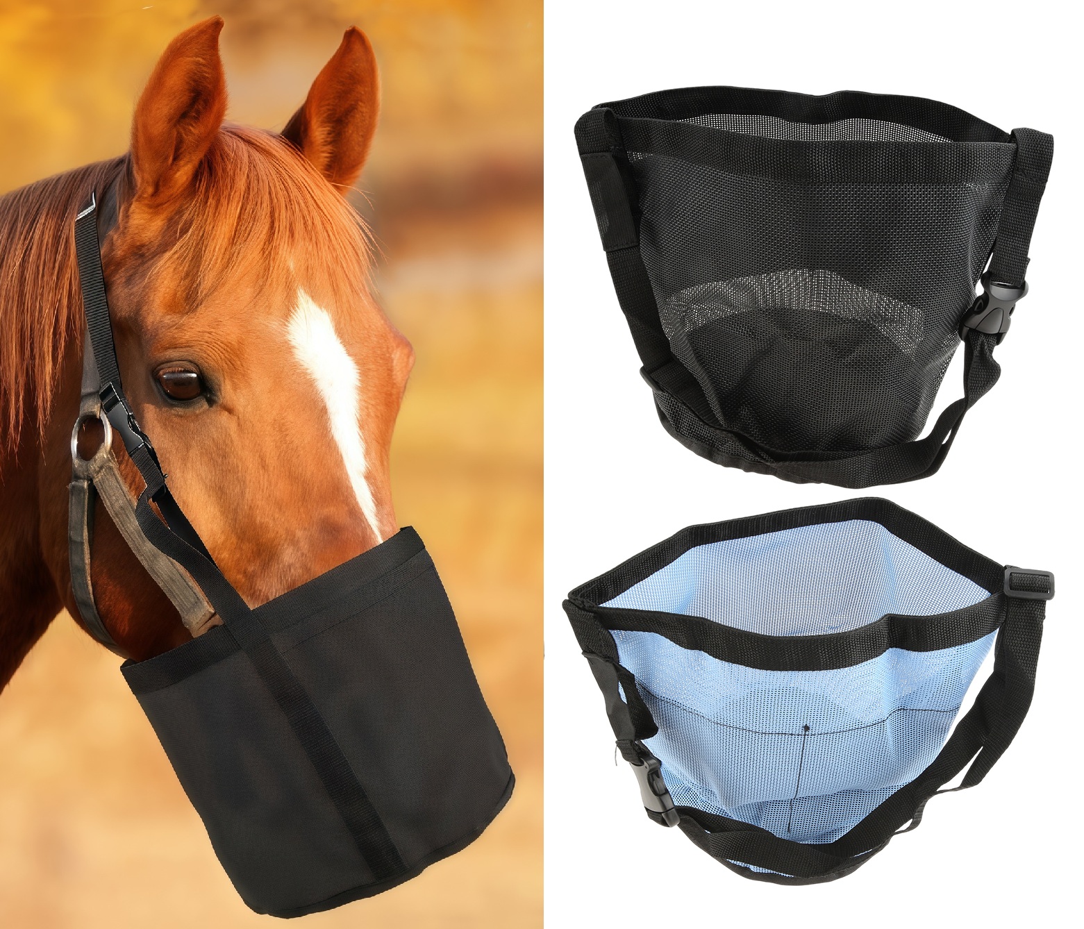 Mesh Feeder Bag - 2pcs Horse Feed Bags Blue/Black Adjustable